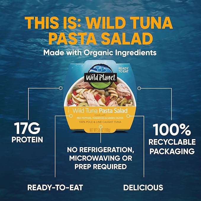 Wild Planet Ready-To-Eat Wild Tuna Pasta Salad With Organic Red Peppers, Tomatoes & Green Olives, 5.6oz (Pack Of 12)