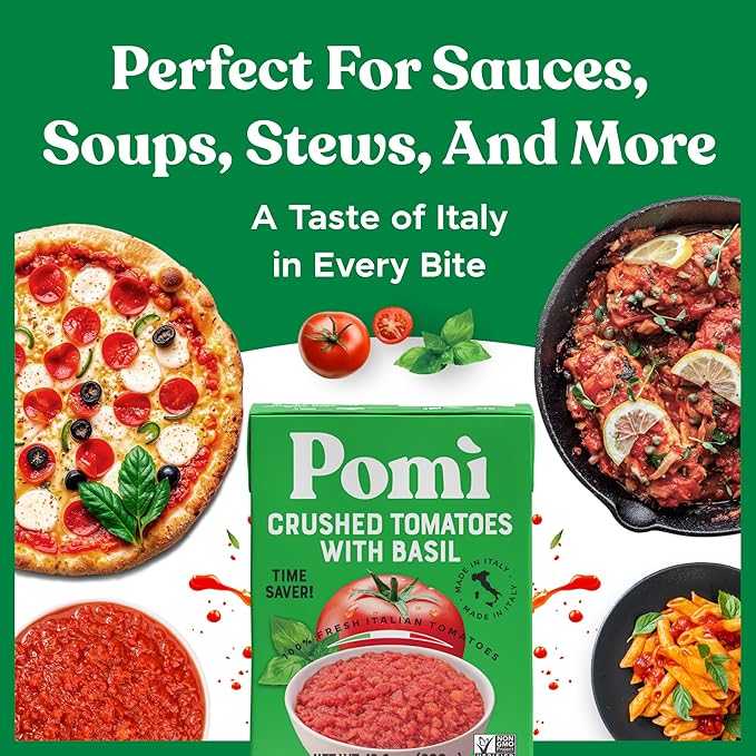 Pomì Crushed Tomatoes with Basil - Creamy, Velvety Italian Sauce, No Salt, Additives/Preservatives, GMO-Free, Gluten-Free, 100% Fresh Tomatoes, 13.8oz (Pack of 12)