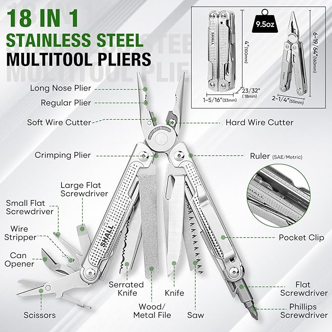 SHALL Multi Tool, 18-in-1 Multitool Pliers, Stainless Steel Multi-tool Pocket Knife w/Screwdriver Bit & Universal Socket, Self-locking Multipurpose Tool w/Sheath for Camping Fishing Survival Hunting