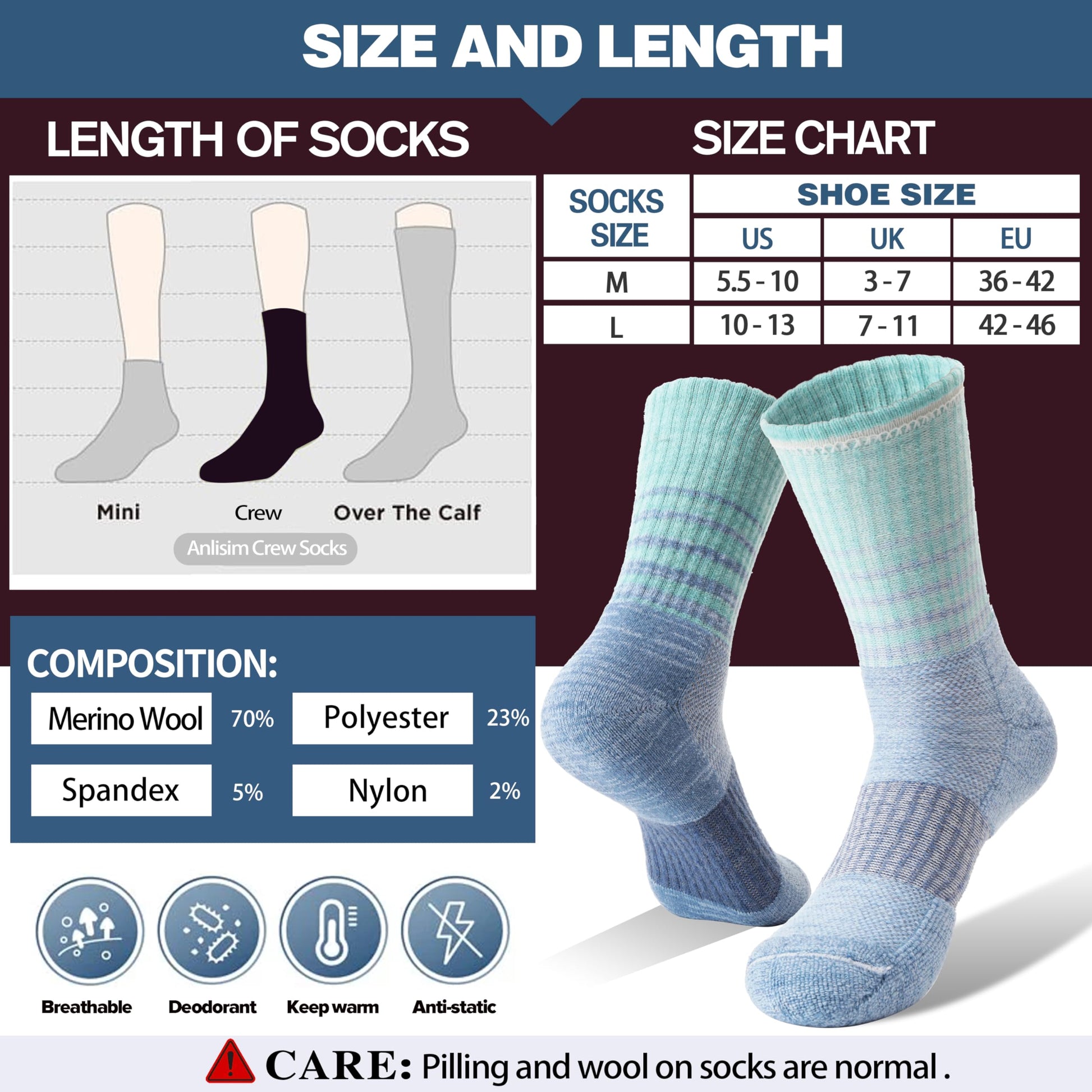 Anlisim Merino Wool Hiking Running Socks for Women, Boot Work Crew Socks