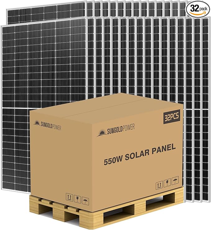 SUNGOLDPOWER 550W Solar Panel 32PCS,Monocrystalline,High Efficiency,IP68 Waterproof for Charing 12V/24V/36V/48V Battery on Roof,Yard,Farm,Marine,on/Off Grid System UL61730(Total 17600W)