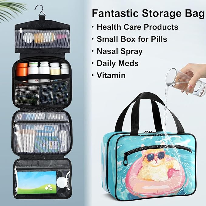 Fustylead Leisurely Cat with Sunglasses in The Pool Empty Travel First Aid Bag Large Home Medication Bag with Zipper for Pills,Vitamin,Fish Oil,Supplements for Women and Men