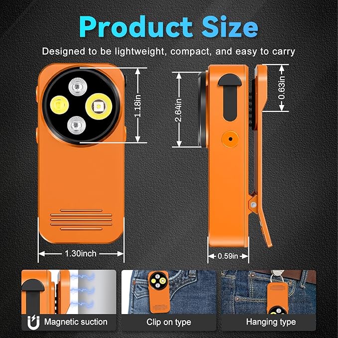 EDC Flashlight Clip-on Light, 530 Lumens Rechargeable with Type-C Charging, Combines Floodlight, Spotlight and UV, Equipped with Charging Cable and Instruction Manual(Orange)