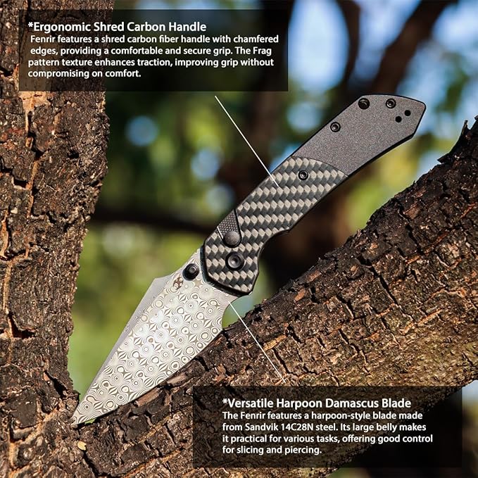 KANSEPT Fenrir Button Lock Pocket Folding Knives for Men Women Camping Hiking Folding Knife 3.11'' Damascus Blade EDC Knife with Twill Carbon Fiber + Blackwash Aluminum Handle Everyday Carry K1034S6