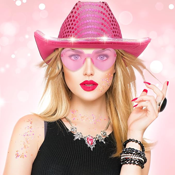 Coume 23 Pcs Cowboy Light up Hat Bulk Flashing Holographic Cowgirl Hats with Heart Sunglasses for Women Costume Accessories(Elegant Color, Delicate Style)