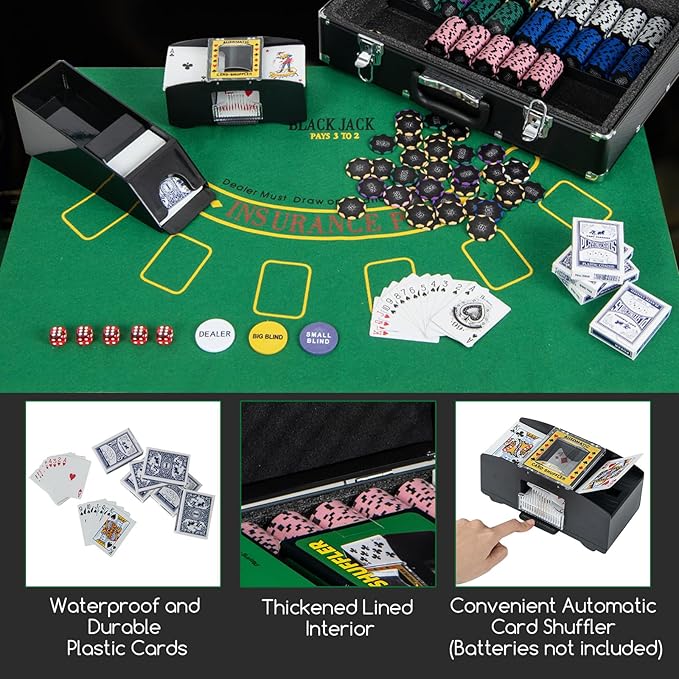 GYMAX Poker Chips Set, 600 PCS Texas Hold 'em Casino Chip Set w/Carrying Case, 6 Decks of Cards, 5 Dices & 3 Dealer Buttons, Poker Felt, Card Shuffler, Card Shoe, for Blackjack Gambling (600 PCS)