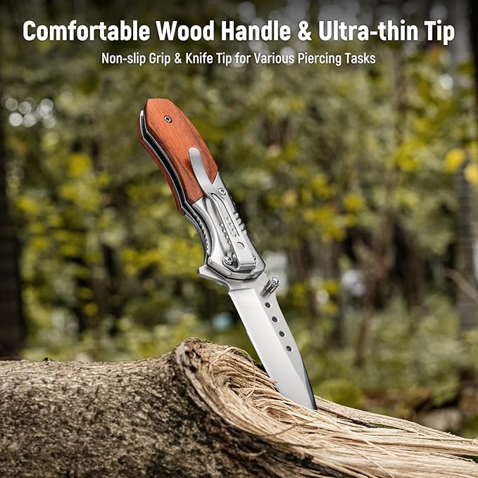 Pocket Knife for Men - 2.98" Sharp Blade Wood Handle Pocket Folding Knives with Clip, Glass Breaker - Small EDC Knives for Survival Camping Hunting Fishing Hiking Women, Silver