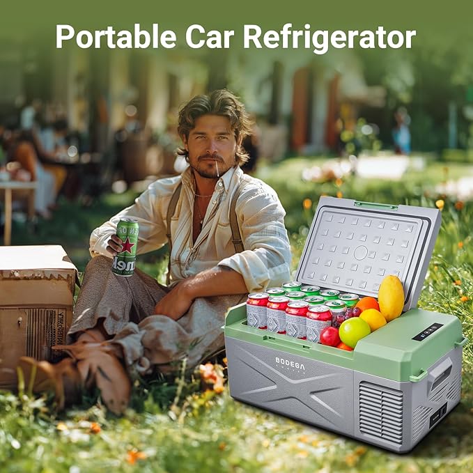 BODEGACOOLER 12 Volt Car Refrigerator, 17 Quart Portable Freezer, Car Fridge -4℉-68℉, Electric Cooler 12/24V DC100-240 Volt AC for Outdoor, RV, Camping, Travel, Vehicles, Home Use