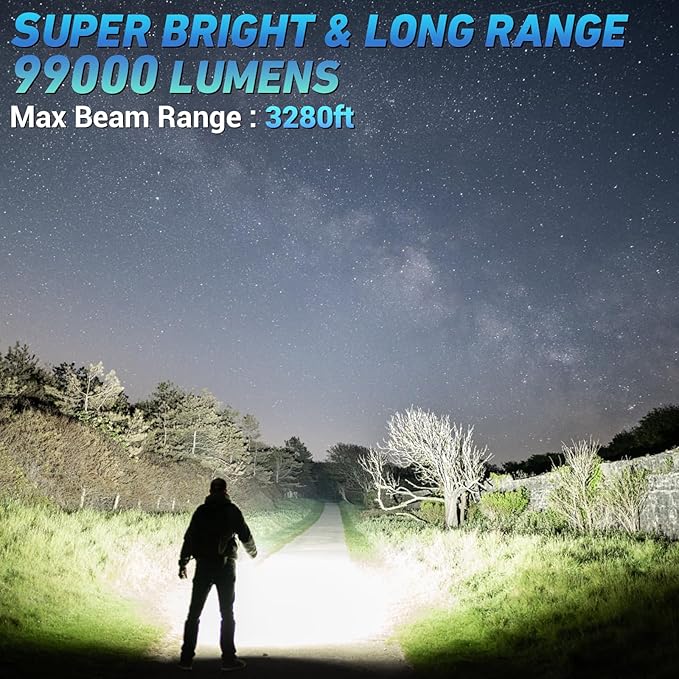 Rechargeable LED Flashlights High Lumen,99,000 Lumens Super Bright Flashlight,Powerful Flash Light 7 Modes with COB Work Light Waterproof for Home Outdoor Camping Hiking