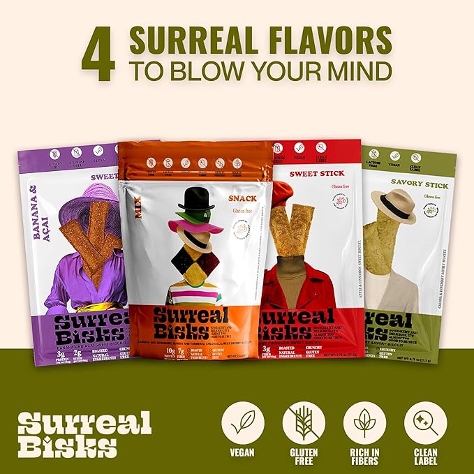 Surreal Bisks Nutritious 4-pack Snack Bundle - Mixed Snack (2oz) & 3 Sticks (3/4oz each) - Banana & Açaí, Apple & Cinnamon, and Cassava & Rosemary - Healthy, Vegan, Gluten-Free Treats