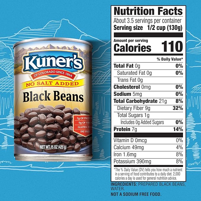 Kuner's No Salt Added Canned Black Beans, Plant Protein and Fiber, Gluten Free, Vegan, Fat Free, 12 Pack of 15 oz Cans