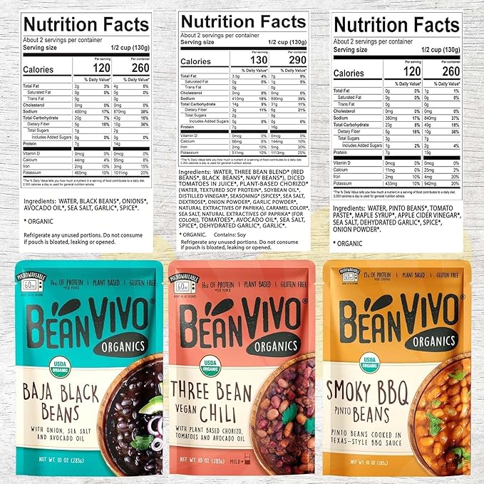 BeanVIVO - Variety 12 Pack (10 oz each) - Organic Baja Black Beans, Three Bean Vegan Chili, BBQ Pinto Beans - Seasoned & Ready to Eat, Plant Protein, Vegan, Gluten Free, Microwaveable, Instant Meals