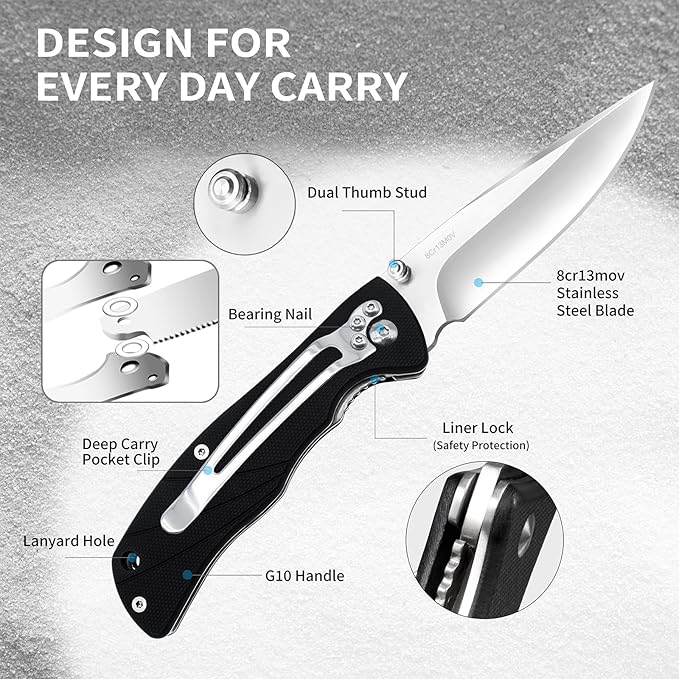Vickay Pocket Knife for Men, Folding Knife with Clip, 3.74-inch 8Cr13MoV Steel Blade, G10 Handle EDC Knife for Outdoor Camping, Tactical, Hunting and Fishing Gift (Black)
