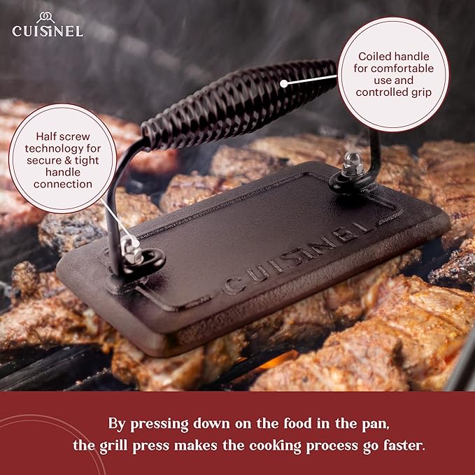Cuisinel Cast Iron Grill Pan + Rectangular Cast Iron Grill Press + Tempered Glass Lid + Pan Scraper ??Pre-Seasoned Ribbed Skillet ??10.5"-Inch Square Grilling Indoor/Outdoor Camping Fire BBQ Cookware