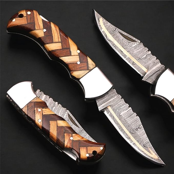 6.5 inch Damascus Pocket Knife with Sheath, Handmade Folding Pocket Knife for Men, Black-Red Wooden Handle with Brass Bolster, Secure Lock Back Camping Knife for EDC,Hunting,Hiking (Copper Damascus)