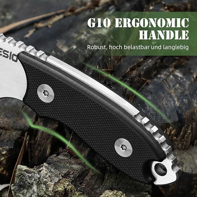 Omesio Neck Knife, 5.43" Neck Knife with Sheath and Necklace, Full Tang Small Fixed Blad Knife D2 Steel 2.17-Inch Blade G10 Handle for Outdoor, Survival, Camping, Tactical