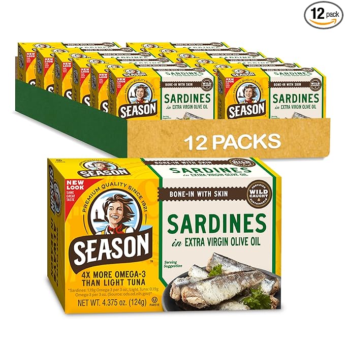 Season Sardines in Extra Virgin Olive Oil - Wild Caught, 22g of Protein, Keto Snacks, More Omega 3's Than Tuna, Kosher, High in Calcium, Canned Sardines - 4.37 Oz Tins, 12-Pack