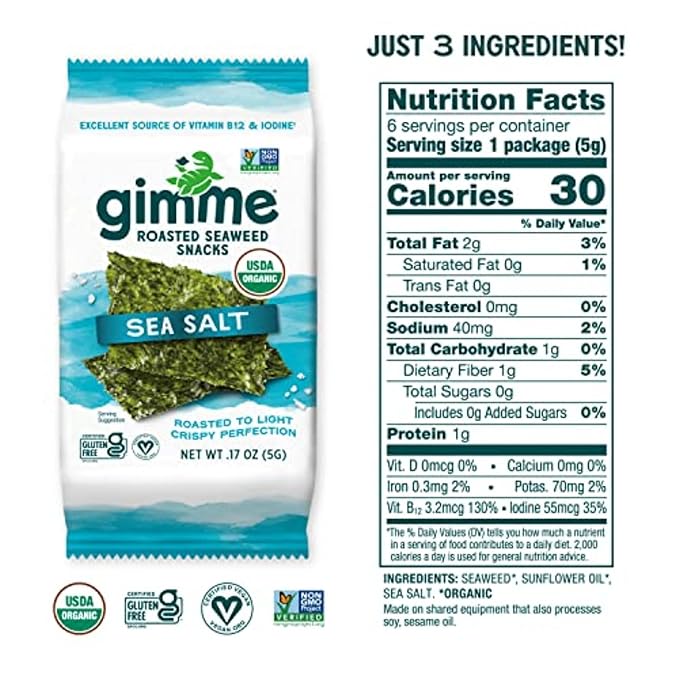 Gimme Seaweed - Sea Salt - 6 Count - Organic Roasted Seaweed Sheets - Keto, Vegan, Gluten Free - Great Source of Iodine & Omega 3?™s - Healthy On-The-Go Snack for Kids Adults (Pack of 2)