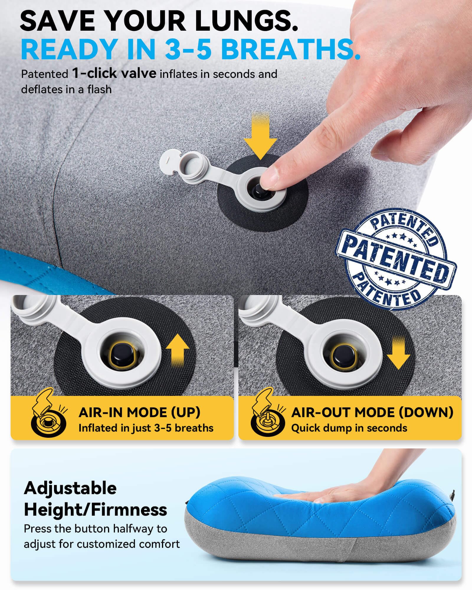 Hikenture Camping Pillow with Removable Cover, Ultralight Inflatable Pillow
