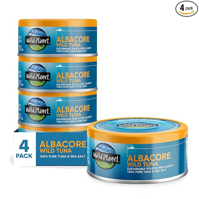 Wild Planet Albacore Wild Tuna, Sea Salt, Canned Tuna, Sustainably Wild-Caught, Pole & Line, 5 Ounce (Pack of 4), Packaging May Vary