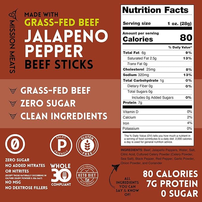 Mission Meats Beef Sticks – 100% Grass Fed & Pasture Raised, Sugar Free, Individually Wrapped Healthy Snacks, Whole 30 & Paleo Friendly, Jalapeno 1oz (Pack of 12)