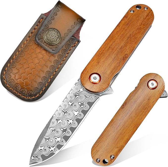 Damascus Pocket Knife, 2.95" Damascus Steel Blade Pocket Knives & Folding Knives, Wooden Handles EDC Knife for Women Men