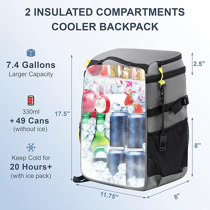 SPARTER Backpack Cooler Insulated Leak Proof 33/49 Cans, 2 Insulated Compartments Thermal Bag, Portable Lightweight Beach Travel Camping Lunch Backpack for Men and Women