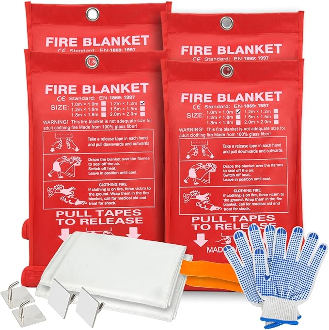 Home Safety Emergency Fire Blankets, (47.2 * 47.2/39.3 * 39.3??Two Mix Size) 4PACK Fire Blanket for Kitchen, Fireproof Fiberglass Fire Safety Blanket, Camping, Grill, Car, Warehous.
