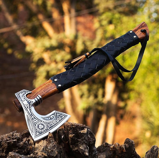 19" Viking Axe Carbon Steel Engraved Head with Leather Wrapped Wooden Handle & Sheath | Norse Collectible Hatchet for Camping & Gifting