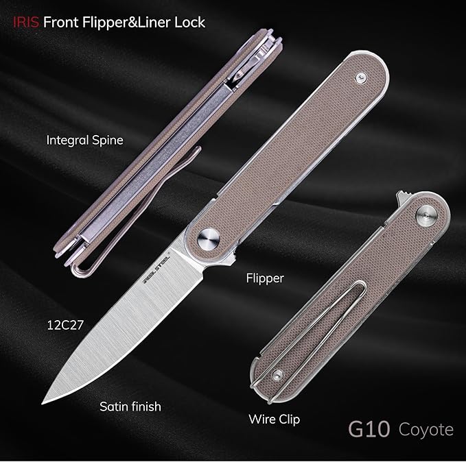 REALSTEEL IRIS Pocket Knife, Folding Knife, Flipper, Liner Lock, 2.99" 12C27 Steel Blade, Lightweight G10 Handle, 1.74oz, Deep-carry Pocket Clip, EDC Outdoor Indoor, Gifts for Men Women Camping Hiking Climbing Fishing (Coyote G10)