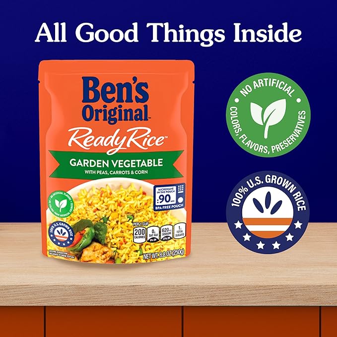 BEN'S ORIGINAL Ready Rice Garden Vegetable Flavored Rice, Easy Dinner Side, 8.8 oz Pouch (Pack of 12)