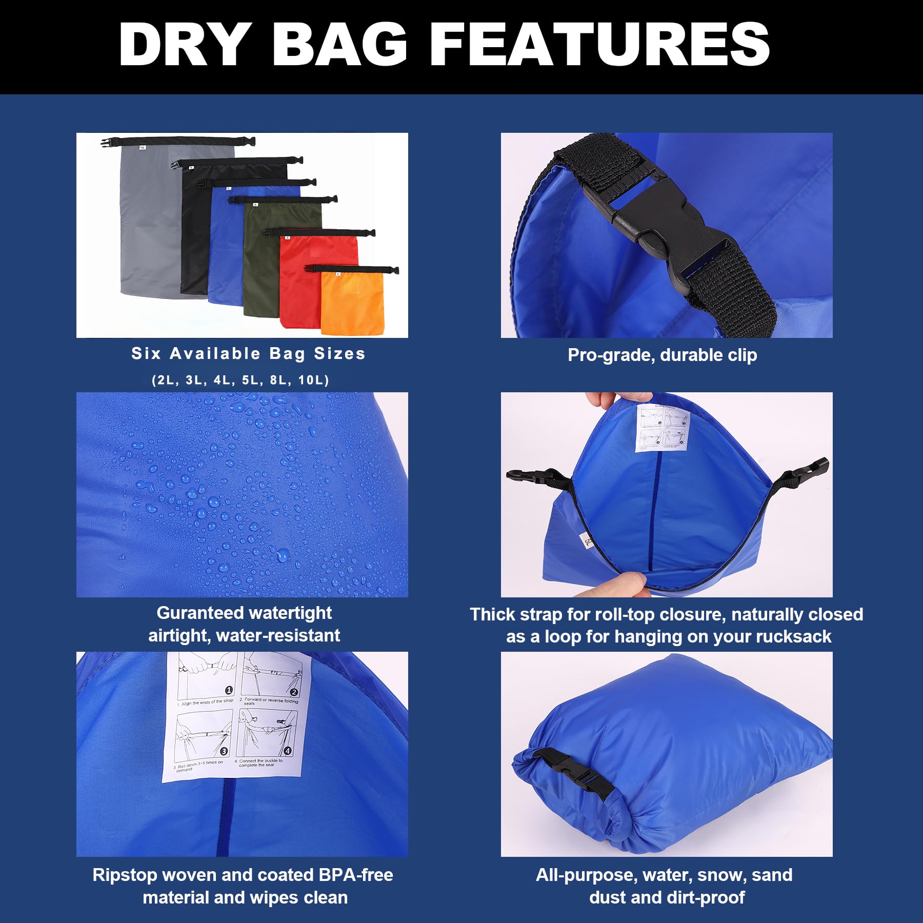 Ucolofun Dry Bags Waterproof Set, 6-Pack Ultralight Waterproof Bags Small Stuff Sack Water Proof