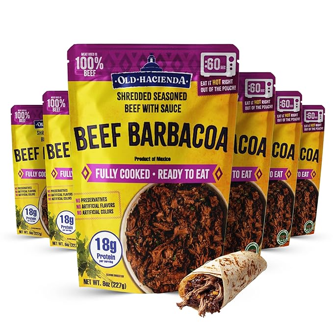 Old Hacienda Beef Barbacoa, | 100% Shredded Seasoned Beef with Sauce | Fully Cooked & Ready to Eat | 18g Protein | No Preservatives, Artificial Flavors or Colors | BPA Free Pouch | Pack of 6 - 8 oz