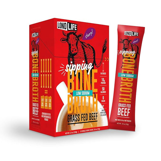 LonoLife Low Sodium Beef Bone Broth Powder Mix | Grass-Fed, 10g Protein | Collagen-Rich, Keto & Paleo Friendly | Natural Ingredients | 10 Portable Stick Pack Servings