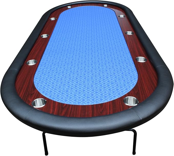 Poker Table 96 inches Light Series for 10 Player Games with Cup Holders Wooden Racetrack Felt Foldable Legs, Blue