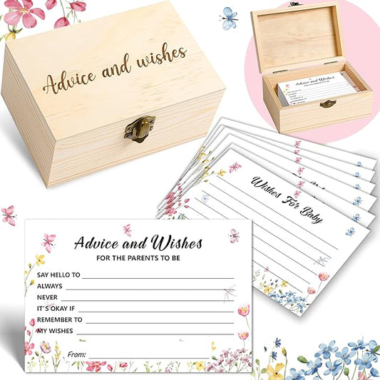 Advice and Wishes Cards Box - 50 Pcs Advice Card Wildflower Baby Shower Decorations, Double Sided Advices and Well Wishes Box For Parents To Be, New Mommy Baby Shower Games
