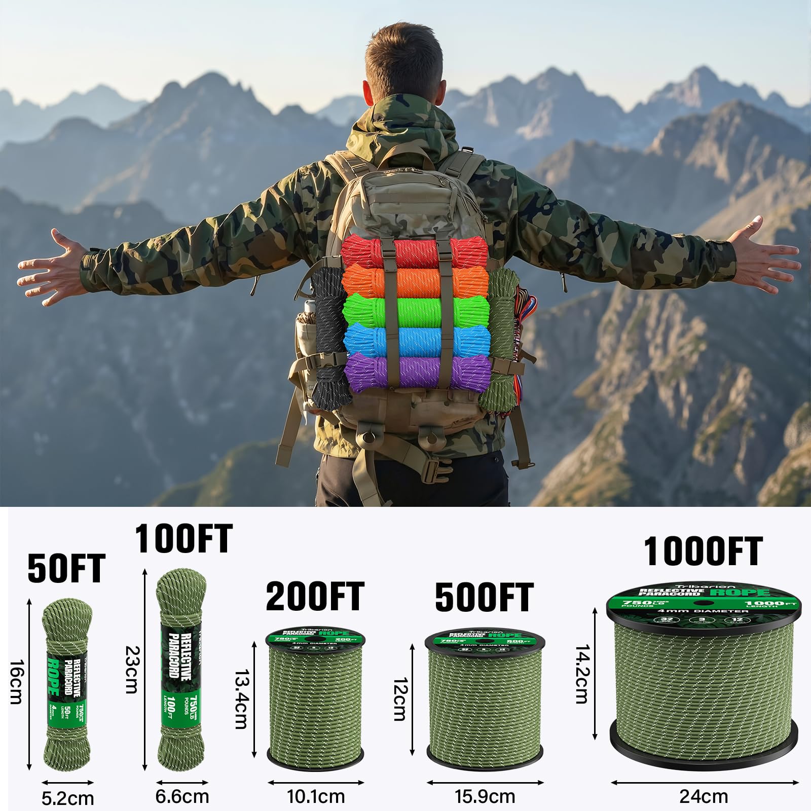 TRIBERION Reflective Paracord Rope 750 lb - 50ft 5/32" Parachute Cord 4MM 12-Strand para Cord