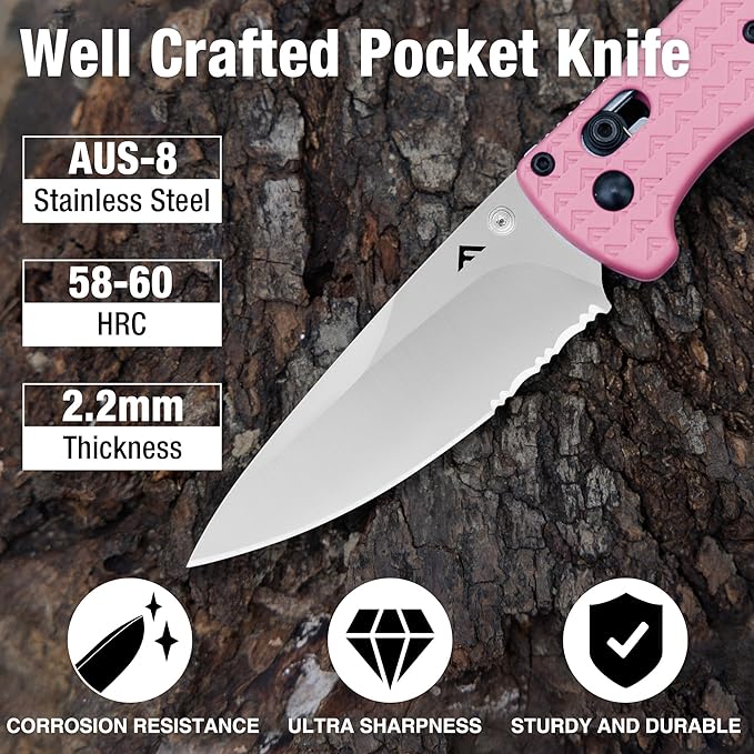 FLISSA 4.5" Folding Pocket Knife, Lightweight EDC Pocket Knife with Axis Lock, 3.2" AUS-8 Steel Blade, Sharp Camping Hiking Knife with Pocket Clip, Unique Tool Gift for Men, Dad (Pink)