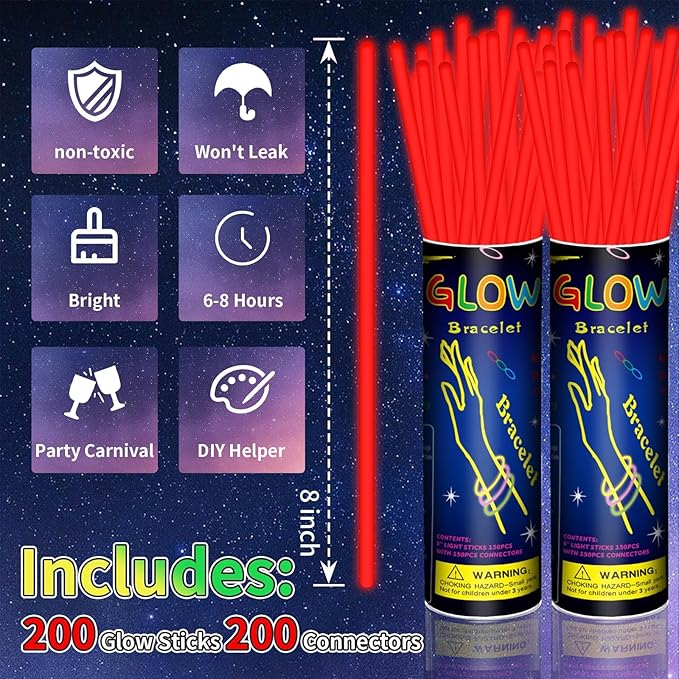 200 Pack 8'' Glow Sticks Bulk Party Favors Red Light Up Sticks with Connectors Neon Glow in the Dark Party Supplies Bracelets for Holiday Birthday Party Decoration (Red)
