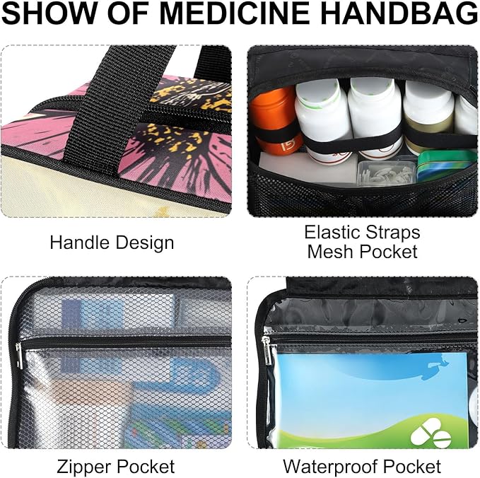 Fustylead Vintage Bee and Flowers Travel Medicine Storage Bag Large Household Pill Bottle Organizer with Zipper for First Aid, Pills, Vitamins, Medical Supplies
