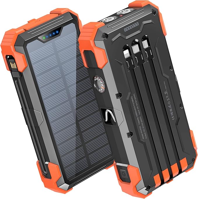 GOODaaa Portable Charger 42800mAh Built in 4 Cables and Thermometer 15W Fast Charging Power Bank Five Outputs Three Inputs Solar Charger Power Bank, SOS/Strobe/Strong Flashlights, Carabiner