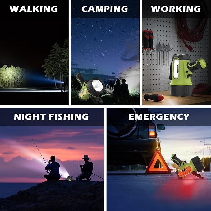 FORTO Rechargeable Spotlight Flashlight, 200000 Lumens Handheld Spotlight with Foldable Stand, 6 Modes IPX7 Waterproof LED Spot Lights for Boating Hunting Hiking (Green)