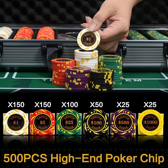 13.5 Gram Clay Poker Chip Set Texas Hold'em Casino Chips 2 Decks of Cards, Aluminum Case Dealer Buttons, for Blackjack Poker Games (500 PCE)