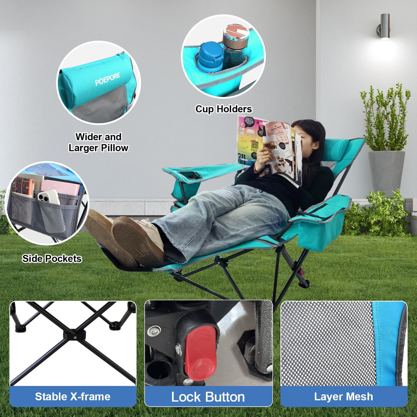 POEPORE Reclining Camping Chair 4 Position with Foot Rest Comfortable for Adults 265Ibs Folding