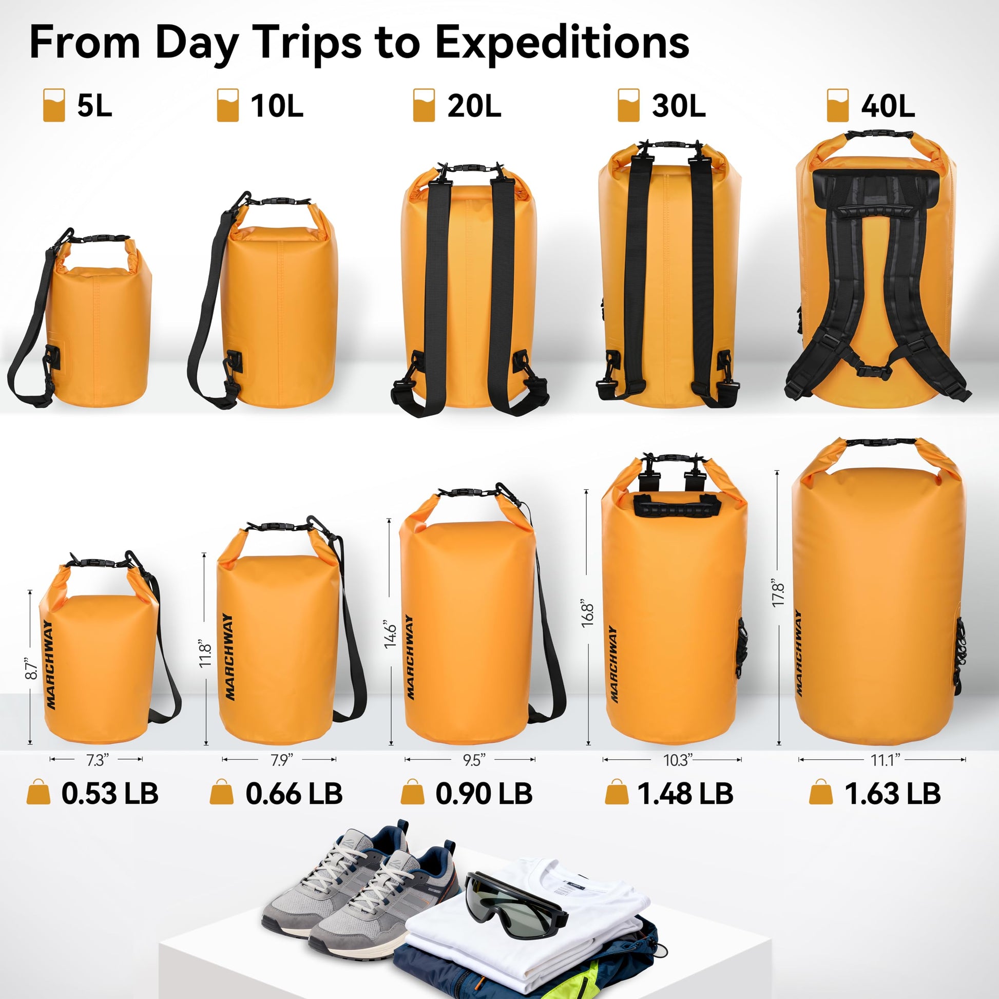 MARCHWAY Floating Waterproof Dry Bag Backpack 5L/10L/20L/30L/40L, Roll Top Sack Keeps Gear Dry for