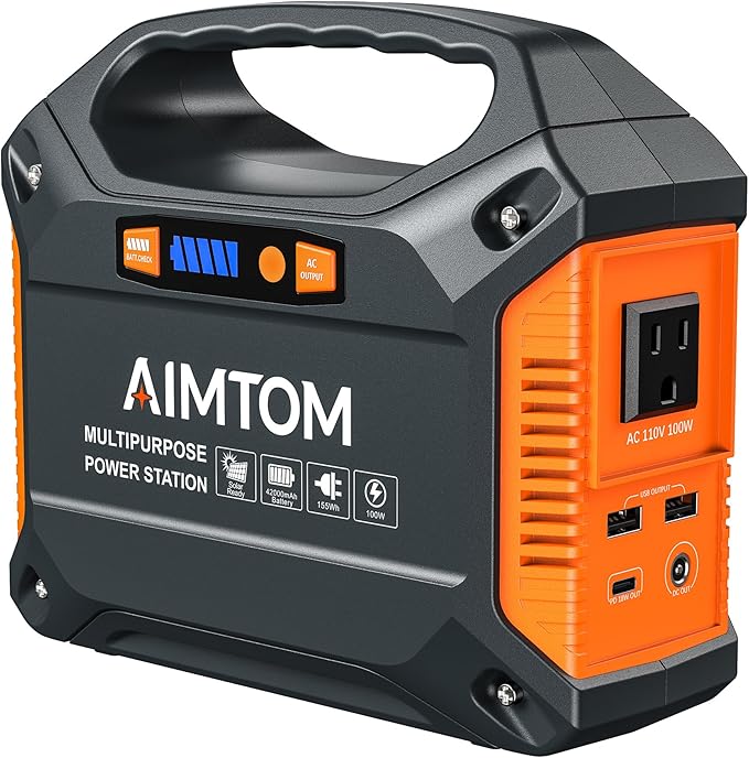 AIMTOM 155Wh Portable Power Station, 42000mAh Lithium Backup Battery with Flashlight, Solar Charging Option ??150W Peak (100W AC), 12V DC, USB & USB-C for Camping, Home, RV, Travel & Digital Nomads