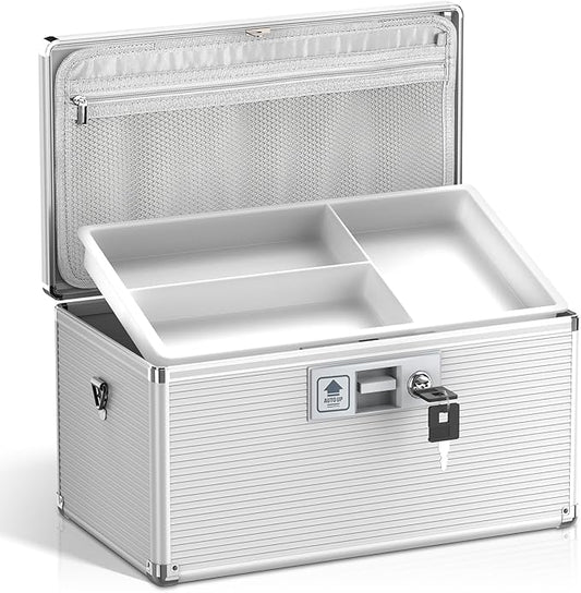 Medicine Lock Box with Key, Alluminum Alloy Box for Medication,First Aid Box with a Removeable Tray to Store Medicines & Pills for Home, Silver 14 * 8.46 * 7.48 Inch