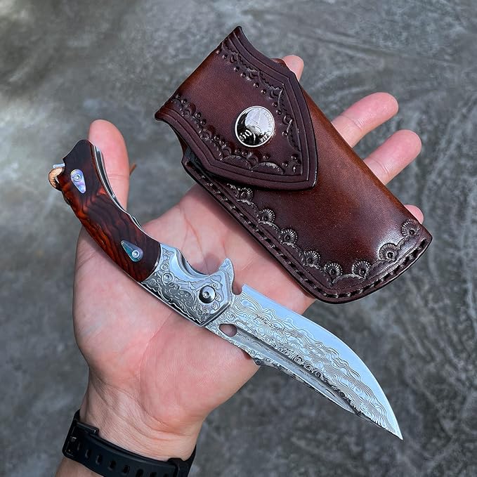 Handmade knife Japanese VG10 Damascus Steel Folding Knife,Rosewood Liner Lock Handle,EDC Pocket Knives for Men Outdoors Camping Fishing