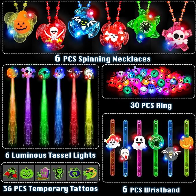 84 PCS Halloween Party Favors for Kids Boys Girls, Glow Light Up Necklace Bracelet LED Rings Bluk Halloween Toys for Trick or Treat, Halloween Goodie Bag Fillers Stuffers Treats Classroom Prizes Gift