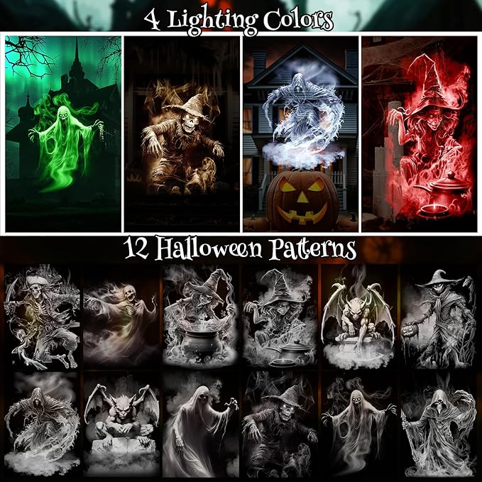 12 in 1 Halloween Projector Lights Outdoor 2025 Upgrade 3D Dynamic Window Indoor Decorations Skull Ghost Bats Witch Scary HD Patterns, 4 Colors, with Remote for Holiday House Garden Decor(Halloween)
